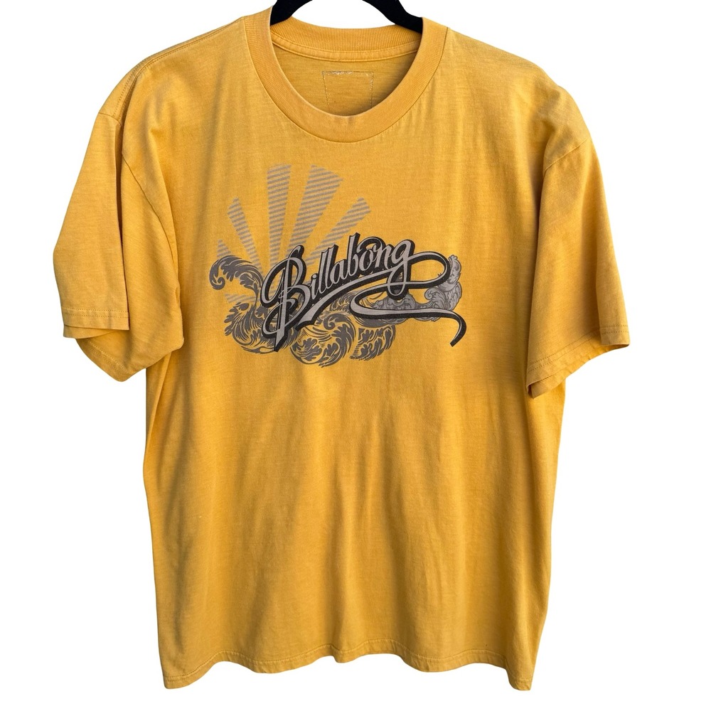 Billabong Vintage Mens Mustard Yellow Graphic T-Shirt Wave Sunburst Short Sleeve
